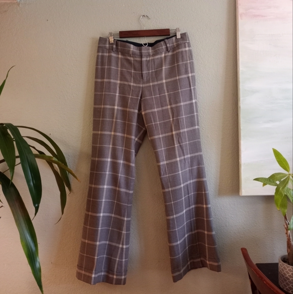 Club Monaco Plaid Preppy Old Money Grey White Wool Blend Lined Cuffed Trousers 8